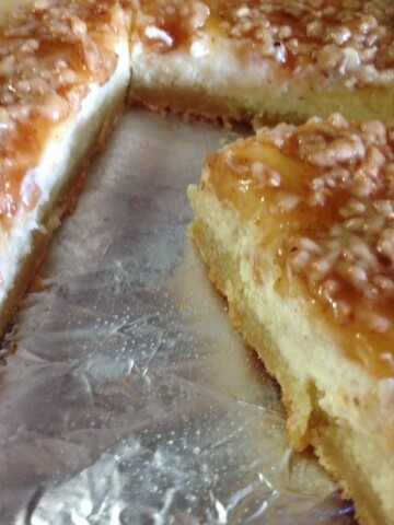 Cut cheesecake bars on a pan.