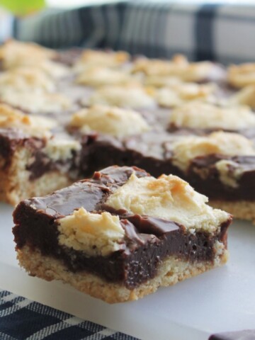 Close up of a chocolaty bar with shortbread crust