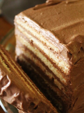 Close up of layered sponge with chocolate ganache frosting.