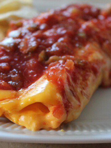 Closeup of a cheese enchilada topped with red salsa.