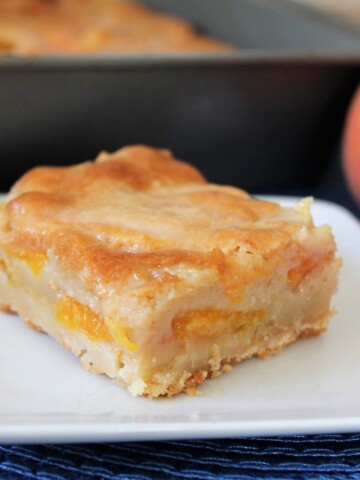 Peach bar on a white plate with fresh peaches in the background.