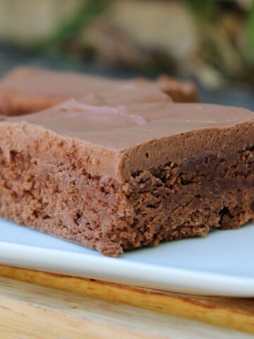 One Chocolate Brownie on a White Plate with Chocolate Frosting