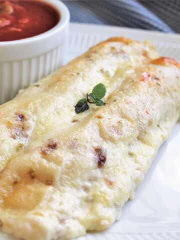 Two chicken cream cheese enchiladas with a side of salsa.