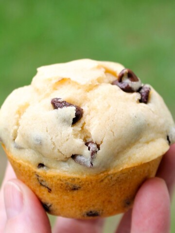 My chubby fingers holding a mini chocolate chip muffin.