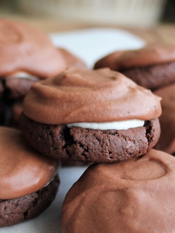 Chocolate cookies piled with marshmallow and chocolate frosting.