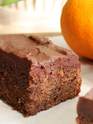 Very moist chocolate brownie with chocolate frosting.