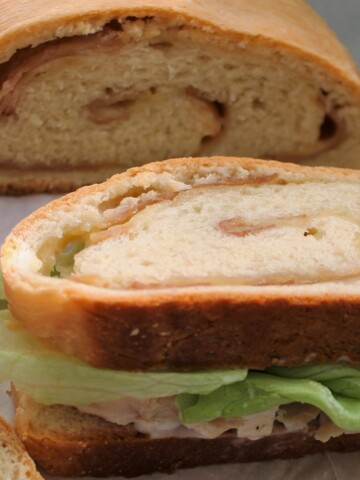 Sandwich made with swirled ham and cheese bread.