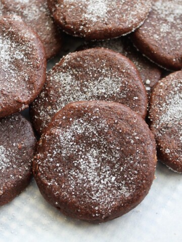 Fudgy, tender chocolate cookies sprinkled with sugar.