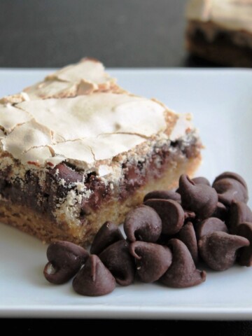One chocolate chip meringue bar surrounded by chocolate chips.