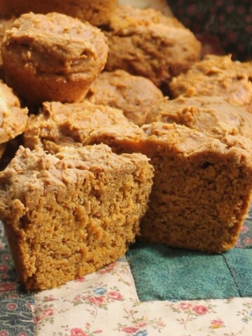 Pumpkin muffin cut in half.