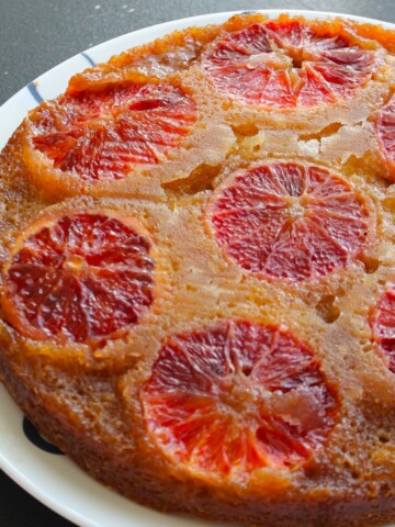 Upside Down Orange Cake, topped with a crunchy, sugary topping.