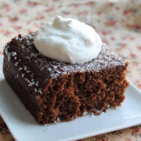 Close up of a piece of gingerbread cake on a white plate with a plop of whipped cream on top of the cake.