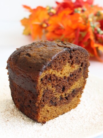 Pumpkin Mocha Swirl Bundt Cake on a white plate sprinkled with powdered sugar and spices.