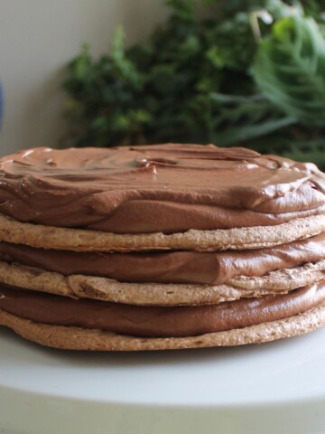Layered cake of chocolate meringue and whipped chocolate ganache.